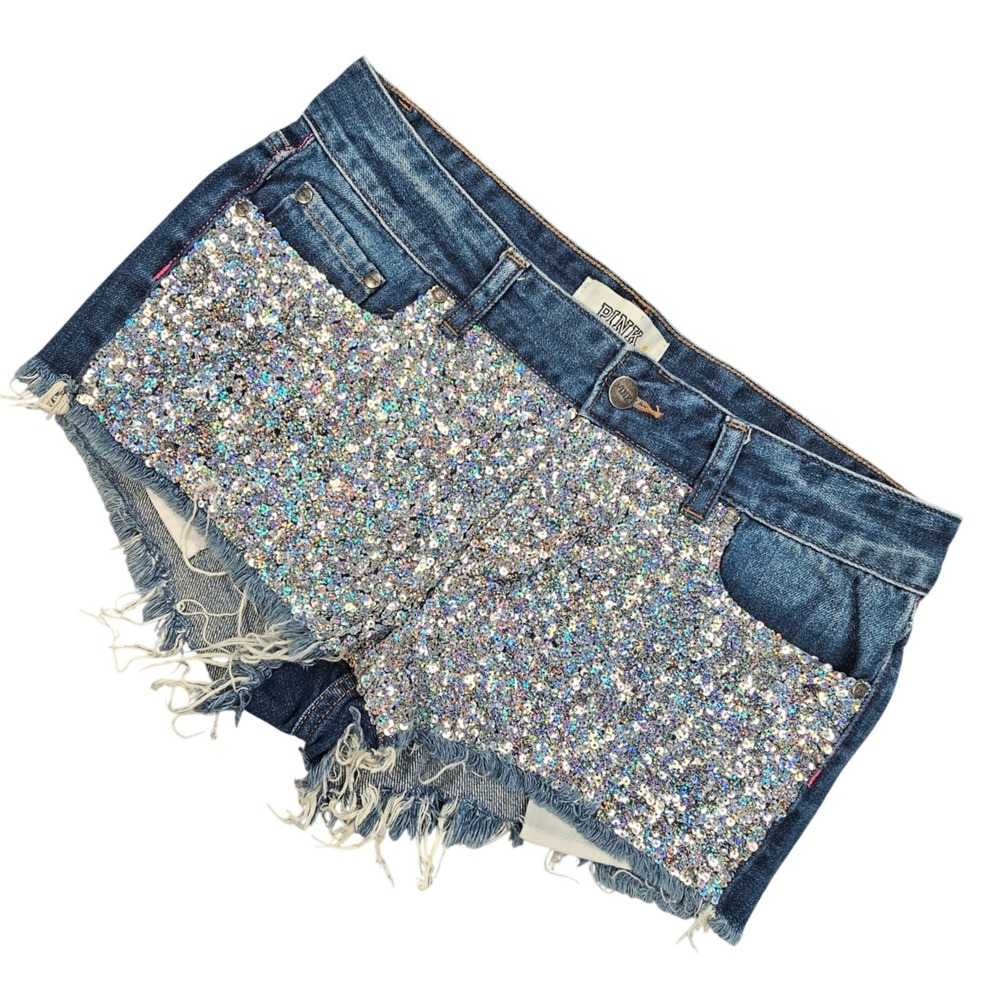 PINK Victoria's Secret Blue Denim Shorts with Silver Glitter Front